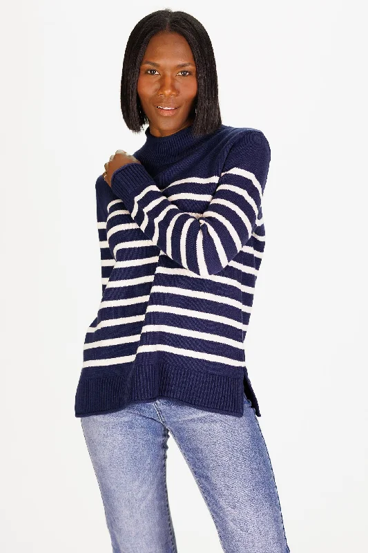 Mock Roll Neck Sweater in Navy & Ivory Stripe