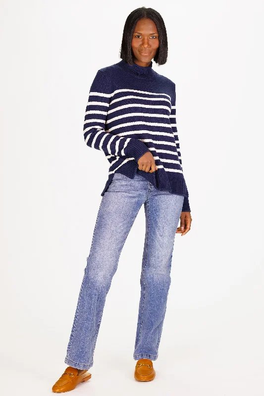 Mock Roll Neck Sweater in Navy & Ivory Stripe