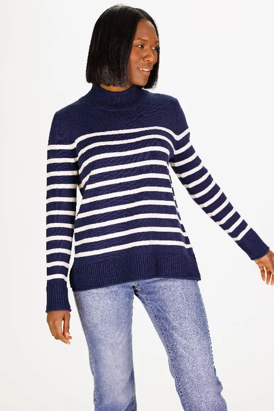 Mock Roll Neck Sweater in Navy & Ivory Stripe