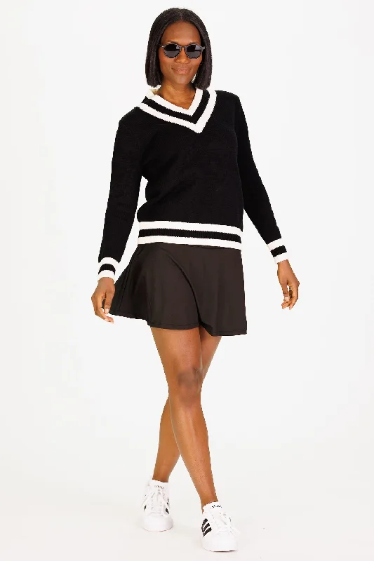 Relaxed V-neck Varsity Sweater in Black and Ivory