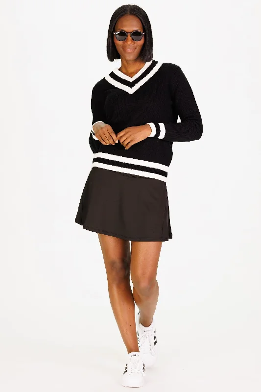 Relaxed V-neck Varsity Sweater in Black and Ivory