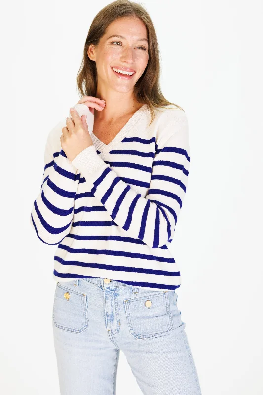 The Everyday 100% Cashmere V-Neck in Chalk White/French Navy Stripe