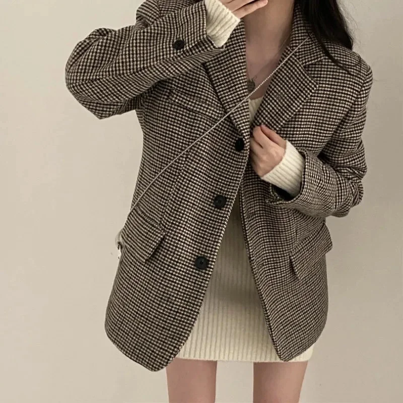 Getadme  Winter Vintage Plaid Single Breasted Notched Collar Loose Jacket Autumn Women Office Lady Outerwear Fashion Baggy Coat