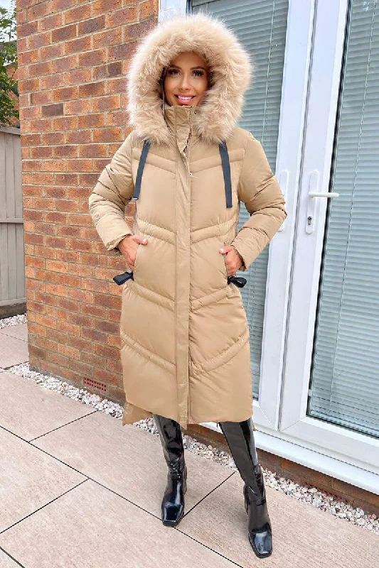 AX Paris Biscuit Faux Fur Trim Hooded Puffer Coat