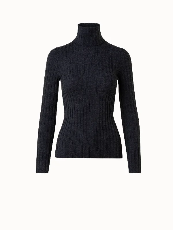 Fine Gauge Wool Silk Rib Knit Pullover