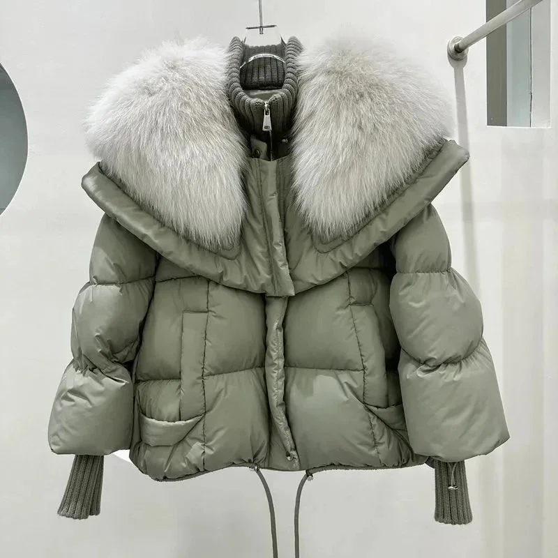 Getadme  Fox Fur Collar Goose Down Jacket Fur Down Jacket Female Short Haining Winter Coat New Bread Clothing Women Winter Parkas