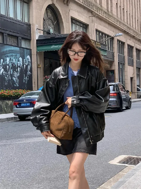 Getadme  New Fall Winter Womwn American Vintage Pu Coat Zip Up Faux Leather Old Money Bomber Jacket Classical Oversize Outwear Aesthetic