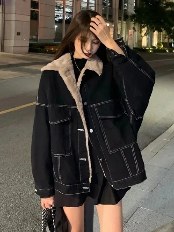 Getadme  New Korean Fashion Winter Women Coat Warm Lapel Denim Thick Jacket Casual Work Clothes Cotton Padded Jackets for Women Tops