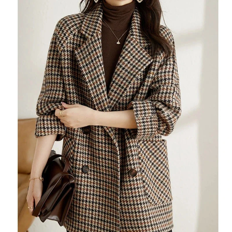 Getadme  New Vintage Houndstooth Women Woolen Blazer Double Breasted Plaid Female Suit Jacket Fashion Korean Outerwear Loose Blaser Coat