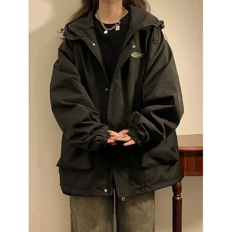 Getadme  Oversized Hooded Bomber Jacket Women Vintage Loose Windbreaker Jackets Ladies Autumn Korean Fashion Harajuku Casual Zipper Coat