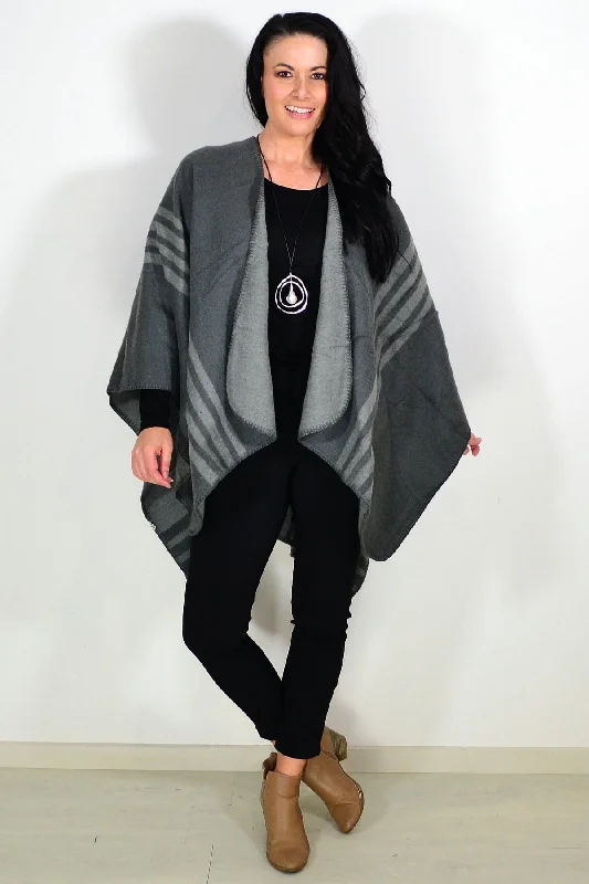 Reversible Grey Striped Wool Blend Wrap