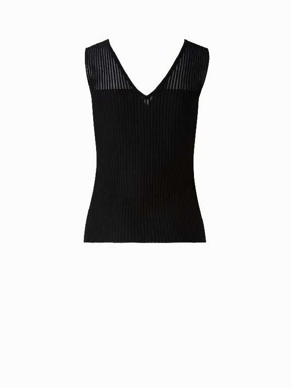 Semi-Sheer Striped V-Neck Silk Stretch Tank