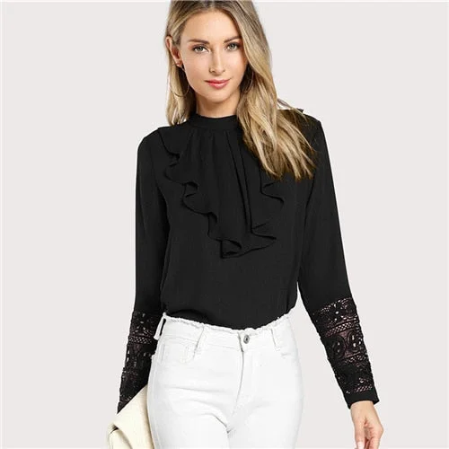 SHEIN Black Streetwear Elegant Office Lady Minimalist Flounce Neck Lace Cuff Ruffle Solid Blouse Autumn Women Workwear Shirt Top