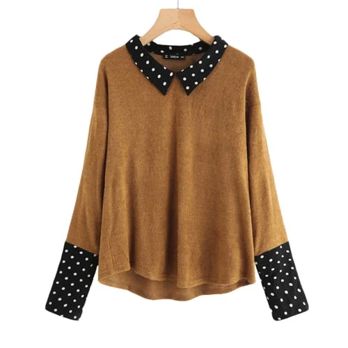 SHEIN Contrast Polka Dot Collar and Cuff Tee Brown Womens Long Sleeve Tops Autumn Lapel Color Block Casual T-shirt