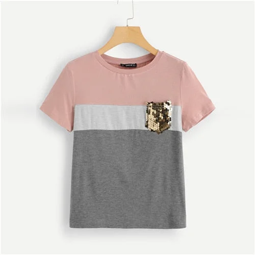 SHEIN Multicolor Color Block Cut and Sew Sequin Pocket T Shirt Women Short Sleeve Casual Tee Summer Workwear Top T-shirts