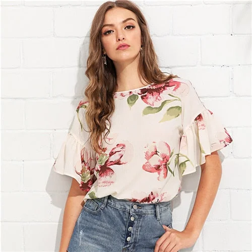 SHEIN Multicolor Vacation Bohemian Beach Floral Print Flounce Ruffle Sleeve Keyhole Back Floral Blouse Women Casual Shirt Top