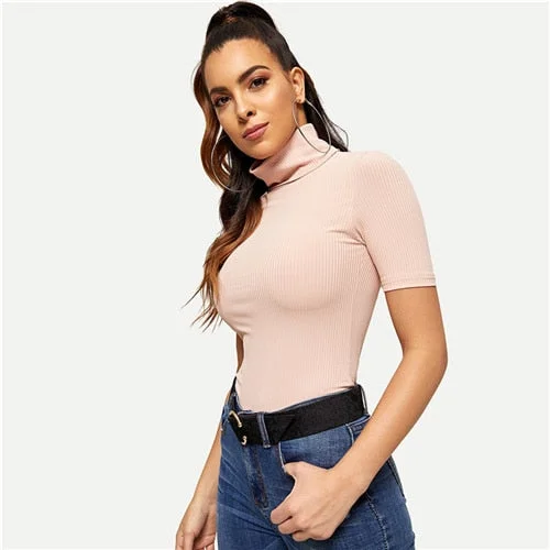 SHEIN Pink High Neck Rib Knit T-shirt Short Sleeve Solid Slim Fit Pullover 2018 Autumn Elegant Casual Women Tops And Tshirts