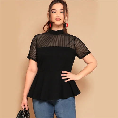 SHEIN Plus Size Black Striped Mesh Yoke Peplum Top Blouse 2019 Women Summer Stand Collar Slim Fit Ruffle Hem Sheer Blouses Shirt