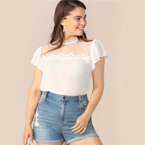 SHEIN Plus Size White Lace Applique Mesh Yoke Ruffle Shoulder Top Blouse 2019 Women Summer Causal Sheer Blouse Shirt