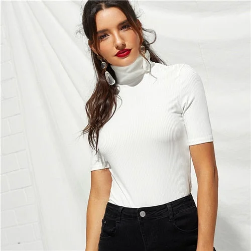 SHEIN Weekend Casual White High Neck Rib Knit Pullovers Plain T-shirt 2018 Autumn Women Casual Slim Fit Short Sleeve T-shirt Top