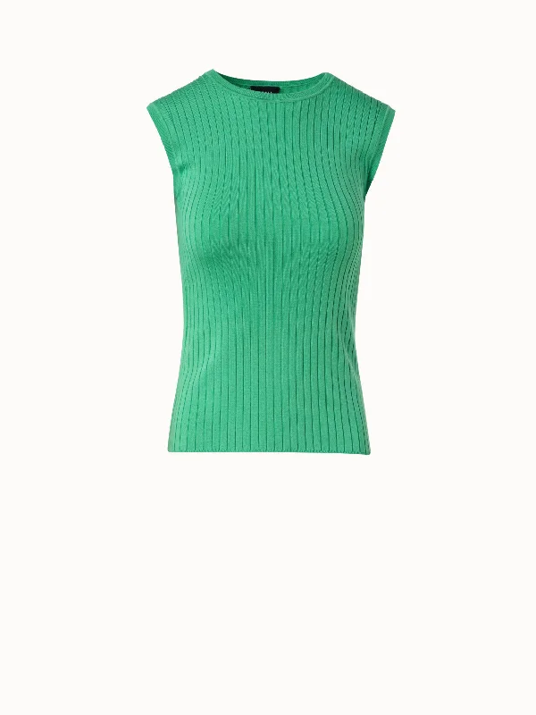 Silk Cotton Stretch Ribbed Fine Knit Top