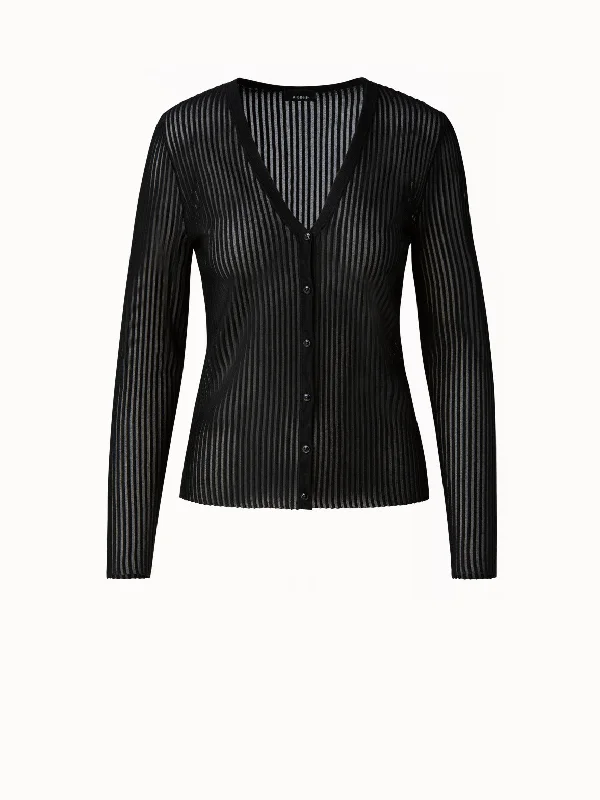 Striped Fitted V-Neck Silk Knit Cardigan