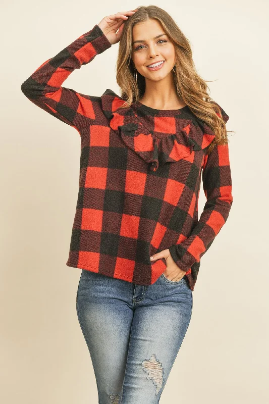 V-Shaped Brushed Plaid Ruffle Detail Long Sleeve Top