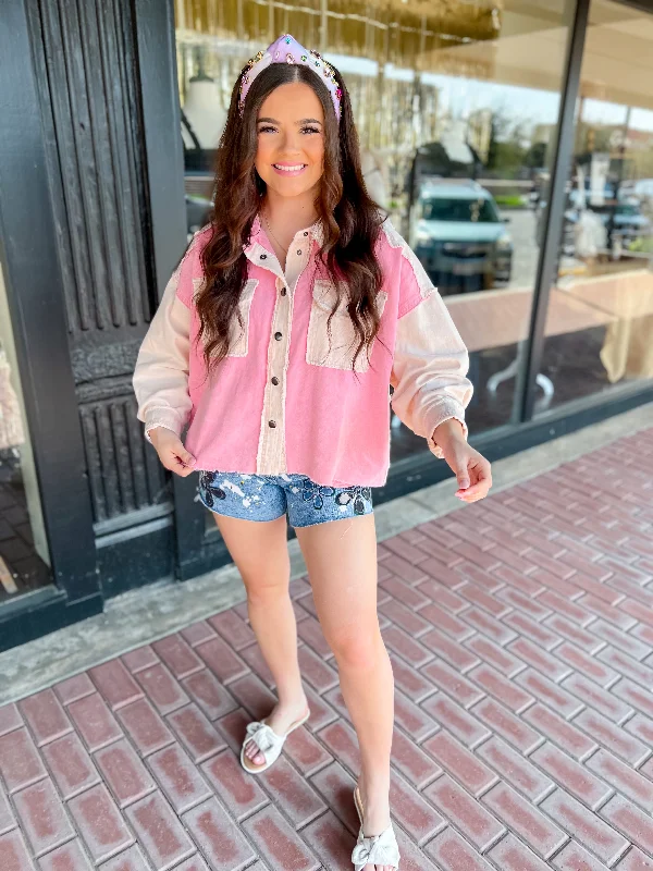 Washed Daisy Patch Jacket-Pink