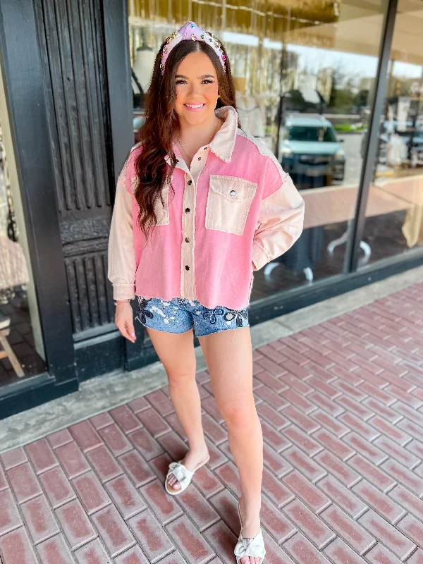 Washed Daisy Patch Jacket-Pink