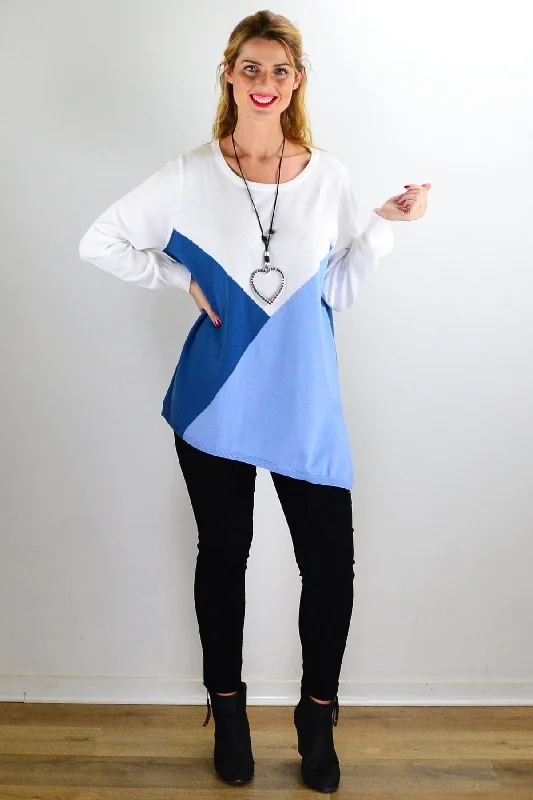 White Blue Patchwork Pattern Jumper