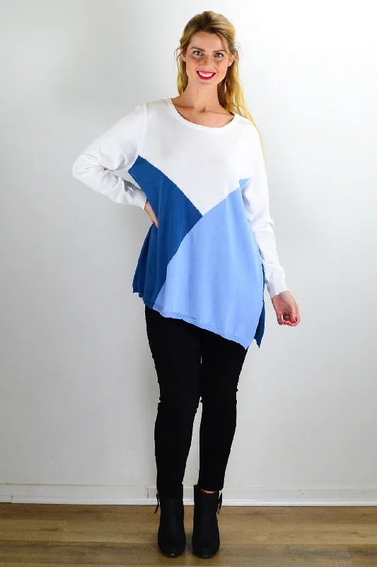 White Blue Patchwork Pattern Jumper