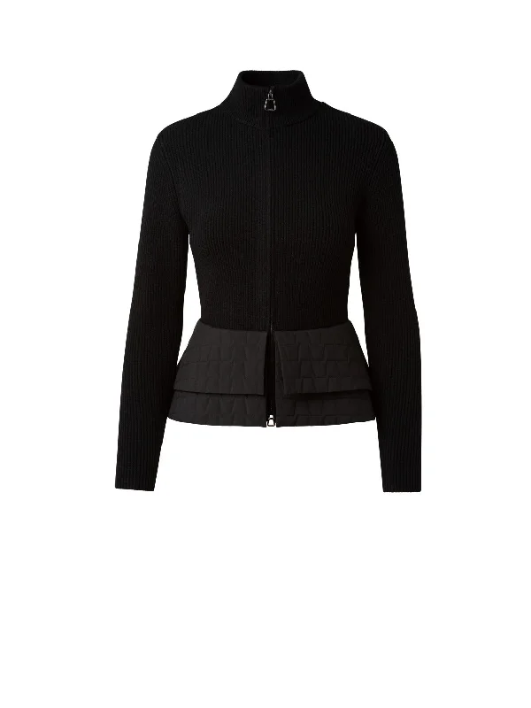 Wool Ribbed Knit Jacket with Peplum Detail in Techno Quilted Trapezoid Fabric