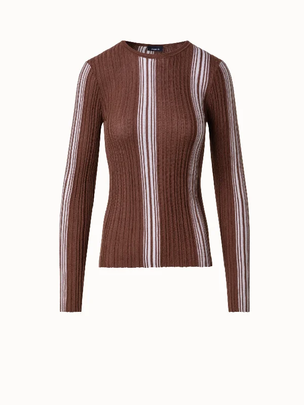 Wool Silk Ribbed Sweater with Irregular Stripes