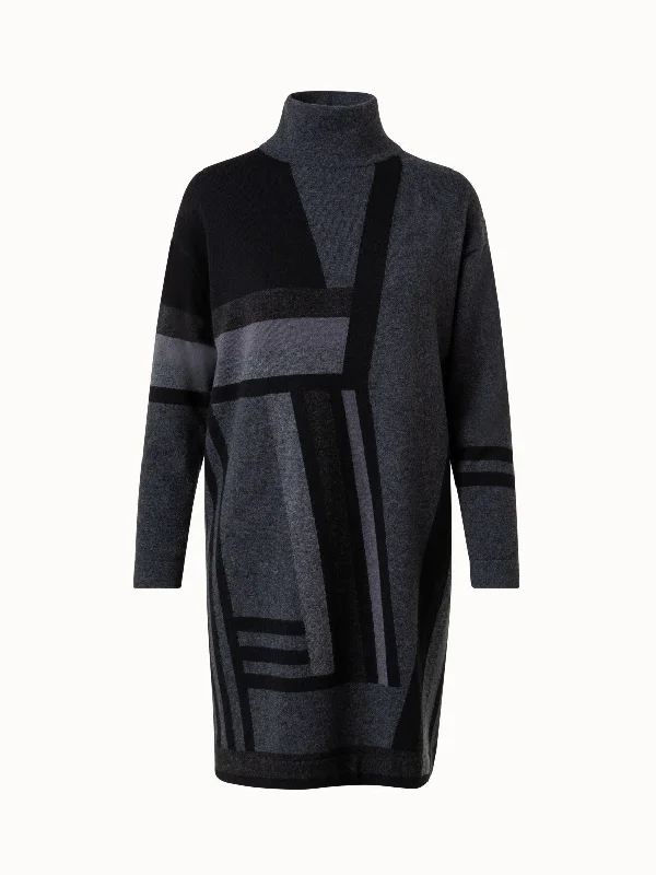 Zig Zag Trapezoid Intarsia Knit Dress